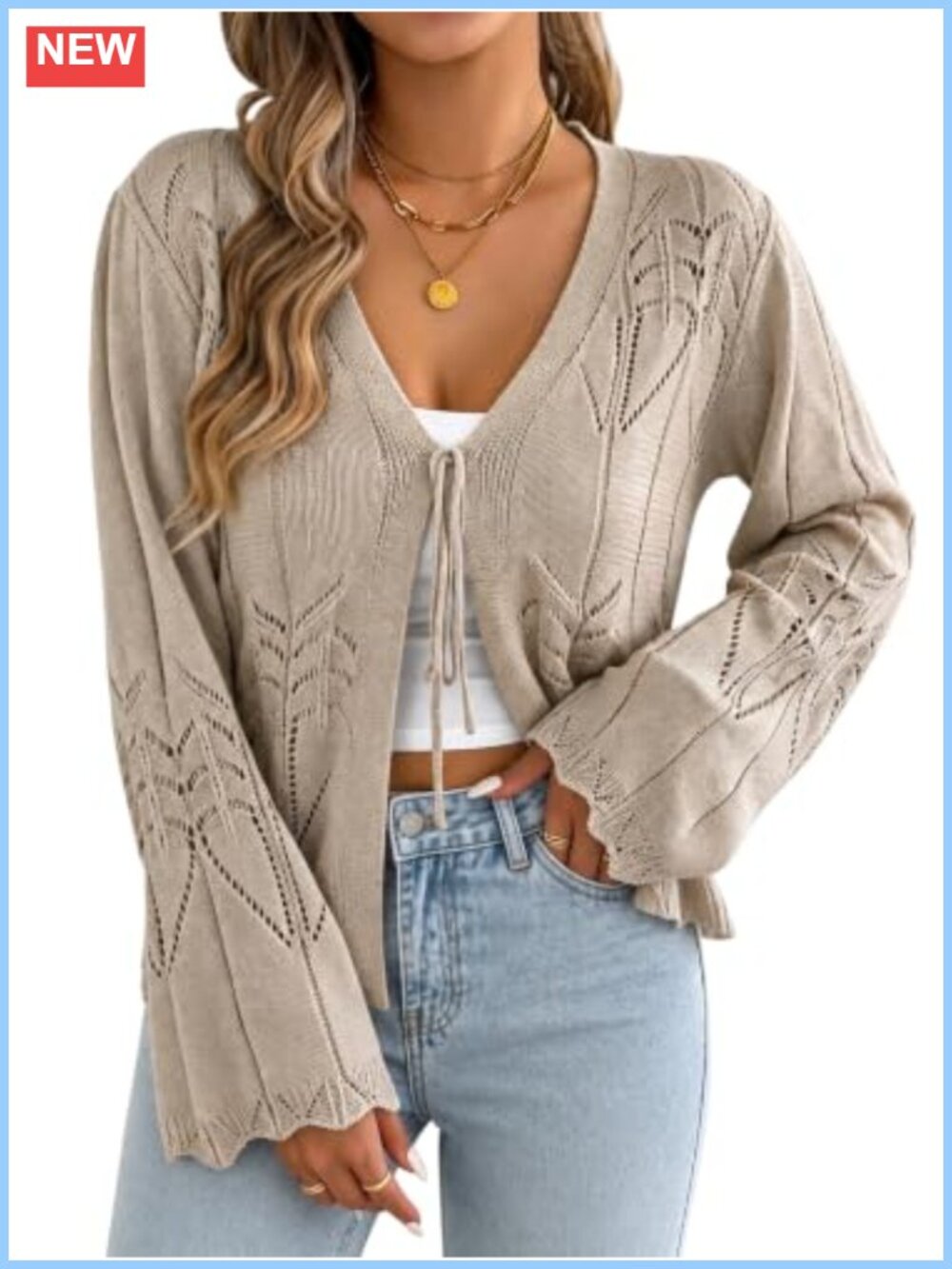 Tie Front Cardigan Bell Sleeve Scalloped Hem Crochet Knit Lightweight Sweater